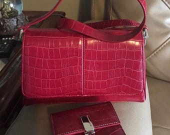 Vintage Liz Claiborne Red Faux Croc Leather Shoulder Purse with Wallet