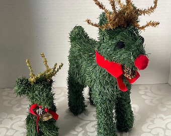 2 Vtg Christmas Reindeer  Faux Evergreen Topiary Green Deers Pine Holiday Decor