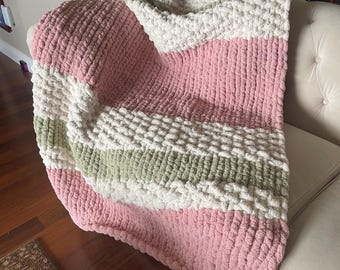 Hand Knitted Chenille Chunky Blanket Throw 44” x 65” Pink-Sage-Ivory Warm Soft Bed