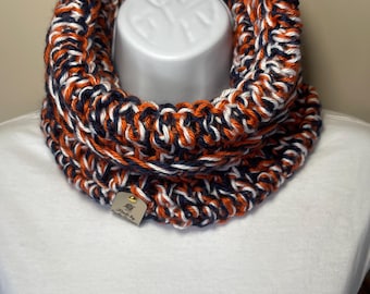 Chunky Crochet Knit Cowl: acrylic white/ orange/navy blue Neck Warmer