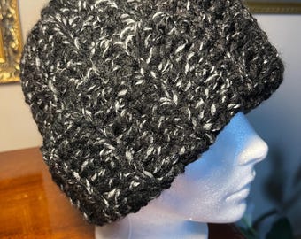 Chunky Crochet Adults Black Heather Ribbed Beanie Hat Winter Soft