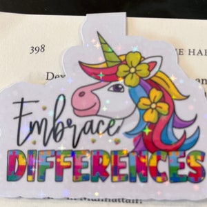 Holographic &quot;Embrace Differences&quot; Unicorn Magnetic Bookmark – Autism Awareness & Inclusion
