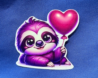Cute Purple Sloth with Heart Balloon Sticker – Adorable Vinyl Animal Sticker for Laptops, Journals, and Water Bottles