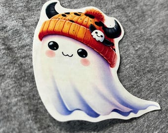 Spooky Cute Ghost Sticker with Orange Horned Beanie – Halloween Vinyl Sticker