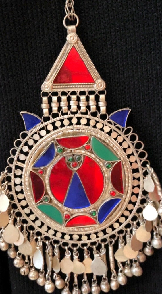 Afghan Silver Kuchi Headpiece With Red Glass Stones and Long Tassels Silver Kuchi Headpiece With Red Glass Stones and Long  main image 4