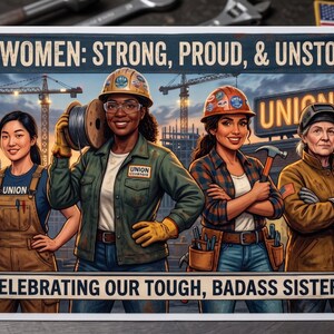 May include: A rectangular sticker featuring four construction workers in front of a Union Hall. The text reads: UNION WOMEN: STRONG, PROUD, & UNSTOPPABLE and CELEBRATING OUR TOUGH, BADASS SISTERS. The workers wear hard hats, work gear, and carry tools.