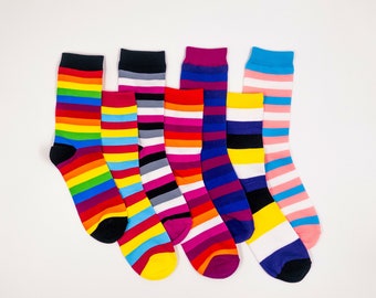 May include: Set of six colorful striped socks in various colors including red, yellow, blue, green, purple, and black.