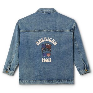American Mom Jean Jacket, Messy Bun Denim Jacket, Patriotic Jacket, 4th of July Jacket, USA Flag Denim Jacket, Memorial Day, Mother&#39;s Day