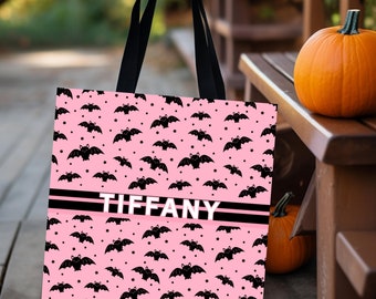 Personalized Pink Halloween Tote Bag: Bats & Stars Trick or Treat Bag