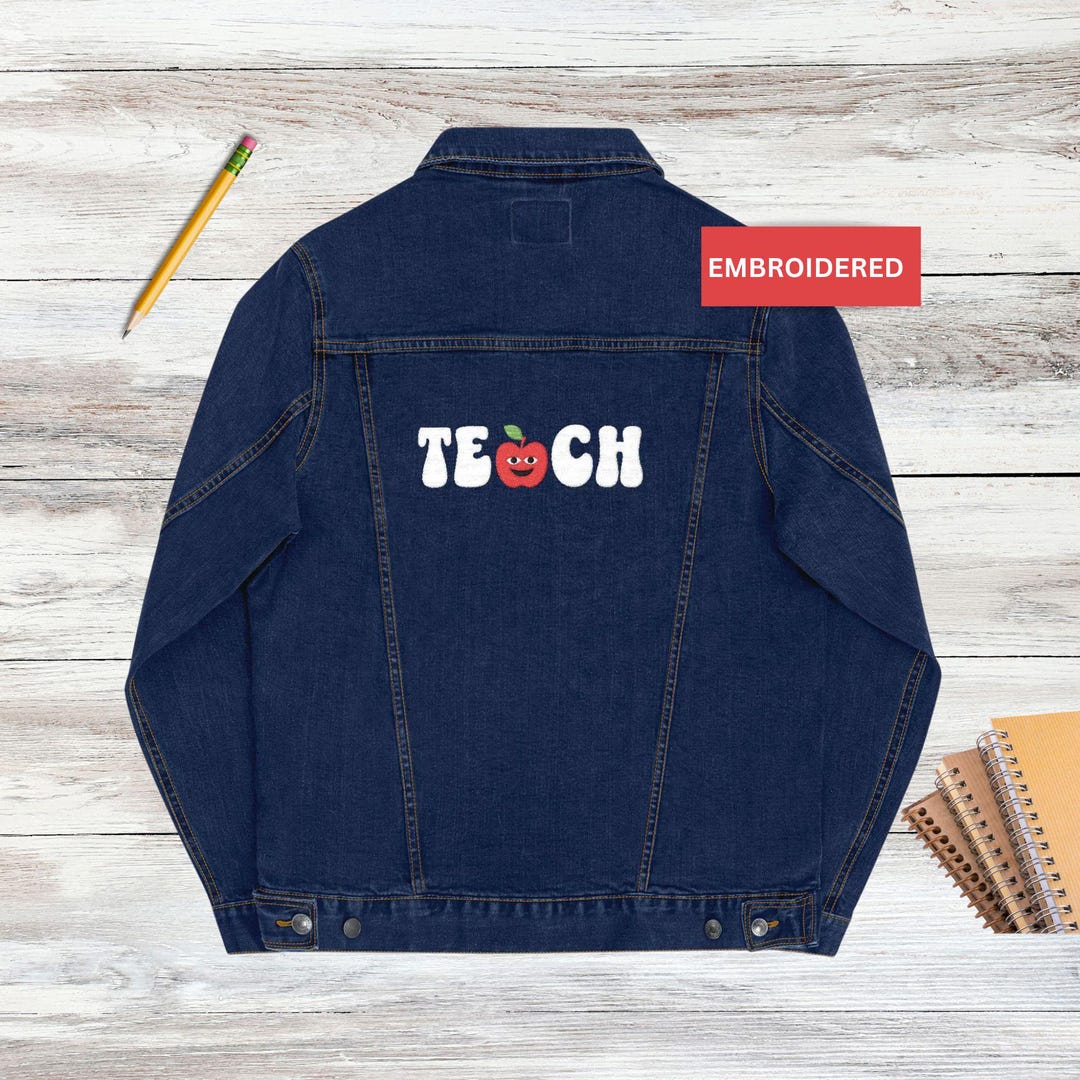 Personalized Embroidered Denim Teacher Jacket: Retro Apple Design - Etsy
