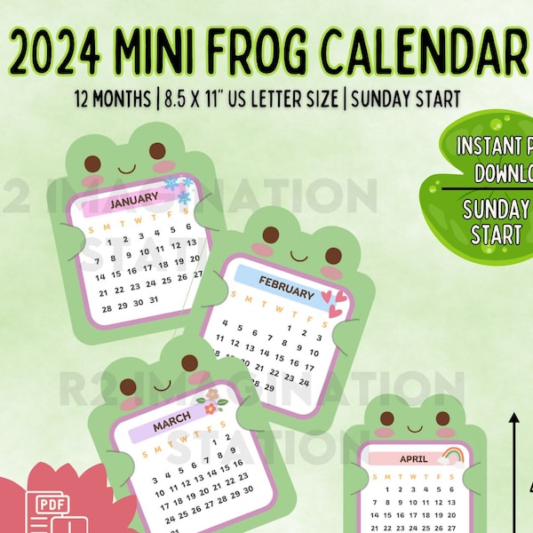 Mini Frog Calendar 2024 - Cute Digital Printable | Cute Froggy Planner Add on | BUJO | Dot Grid Calendar | Instant Download Printable