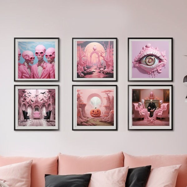 Surreal Pink Halloween Art, Halloween Elegance, Pastel Pink Halloween Wall Decor, Set of 6 Squared Printable Digital Art