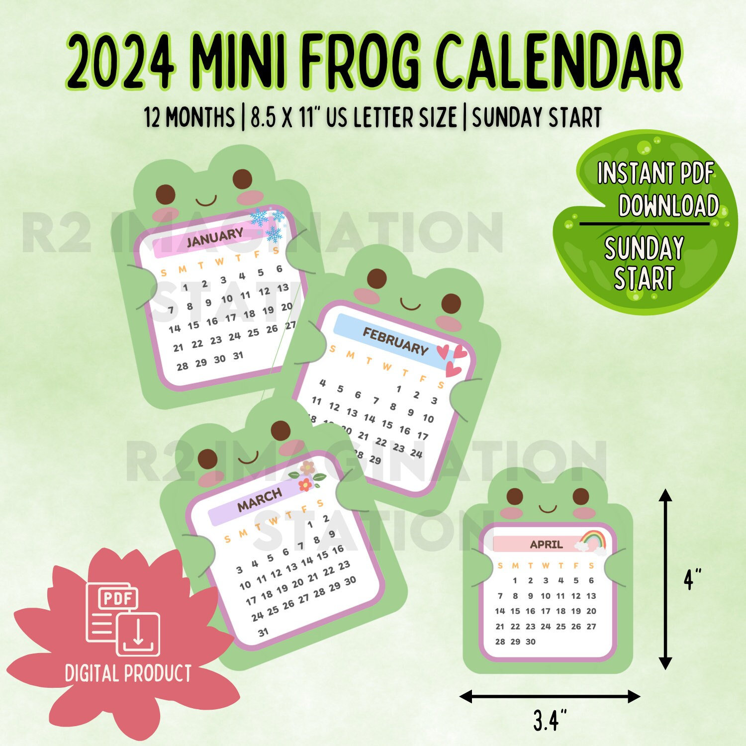 Mini Frog Calendar 2024 Cute Digital Printable Cute Froggy Planner Add