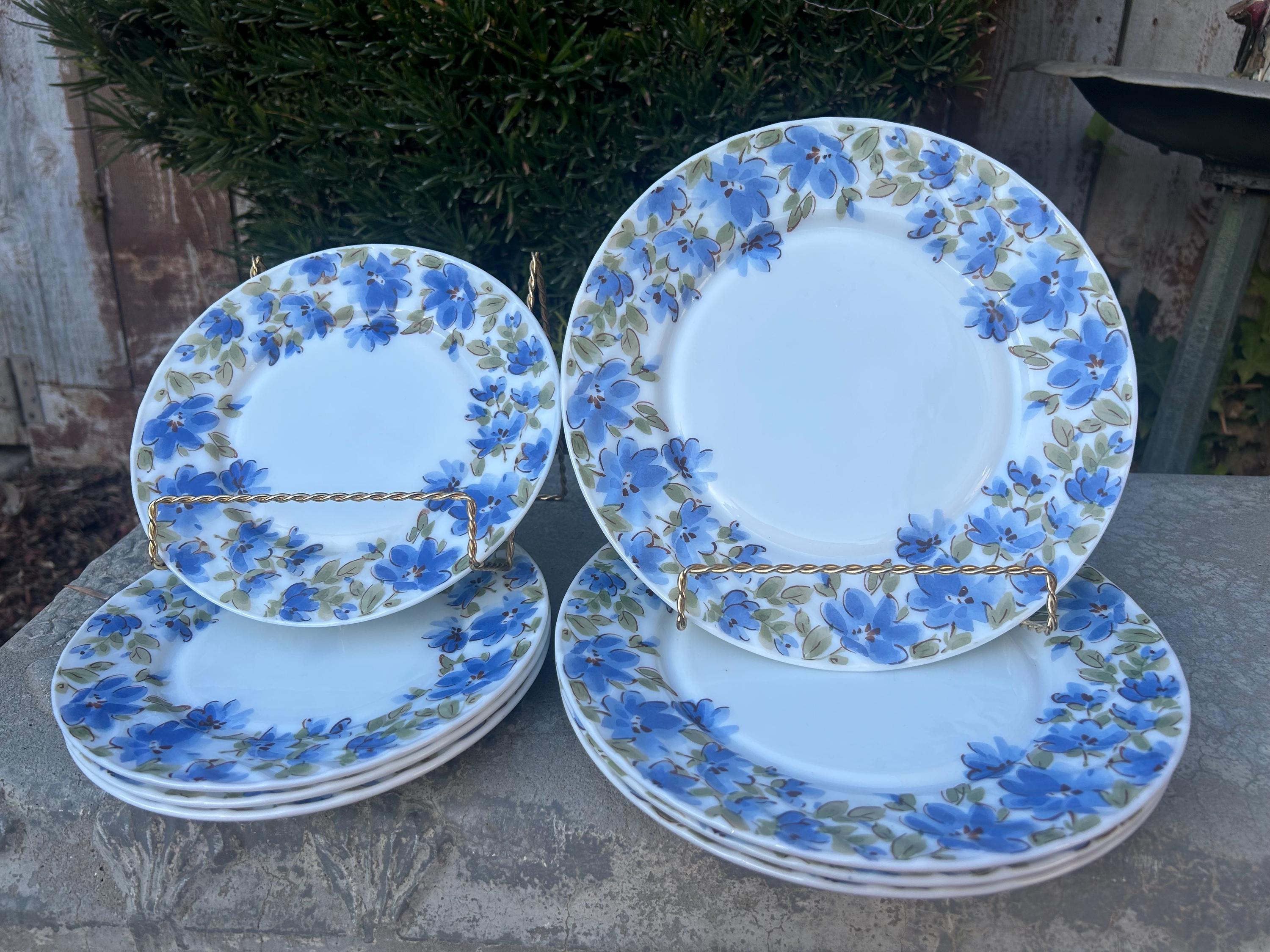 Vintage Beautiful Gibson Glass 10” Dinner Plates And 8”Salad Plates Floral Cascade Blue Pattern Sold Separately