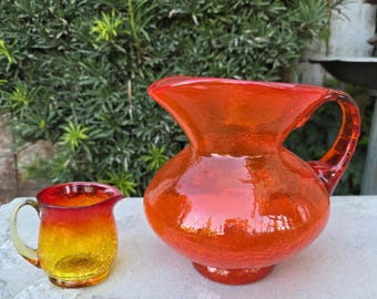 BLENKO Hand Blown Large Crackled Pitcher and Amberina Crackled Small Pitcher Sold Individually