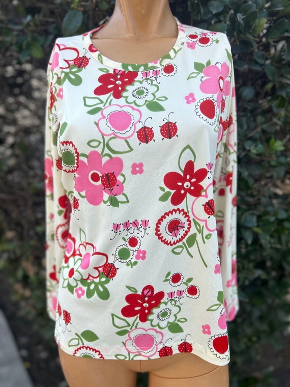 Vintage 1970s Polyester Top Ladybugs and Flowers P