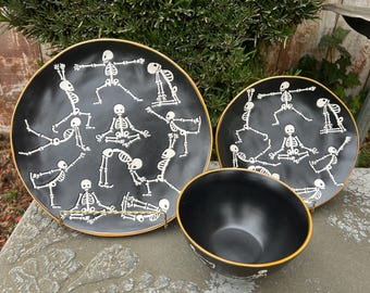 Eli & Ana Namaste Skeletons Doing Yoga Dinner Plate, Salad Plate and Cereal Bowl Sold Individually