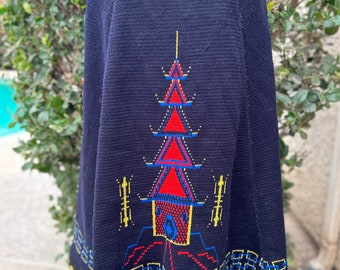 Vintage 1970 Navy Blue Knit Poncho Cape w Oriental Scene of Pagoda