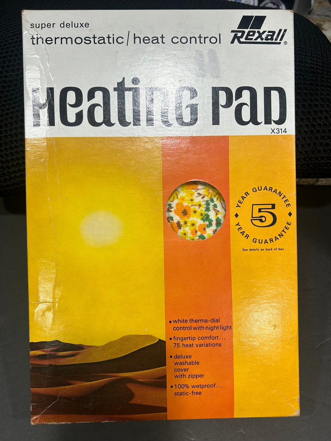 Vintage New Old Stock in Box Rexall Drug Store Heating Pad W Flower