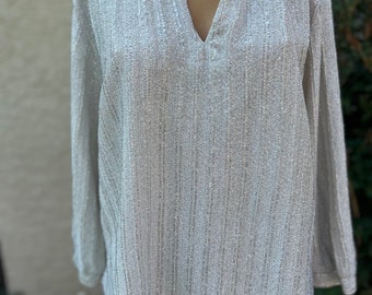 May include: A silver metallic long-sleeved blouse with a V-neckline.