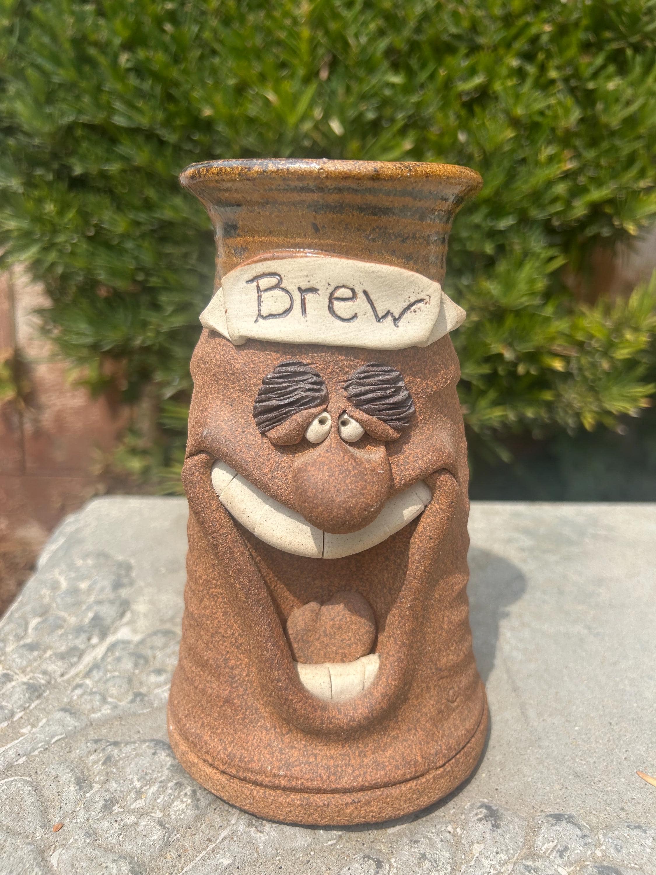 Vtg 1970s Comical Ugly Face Brown Clay Brew Mug