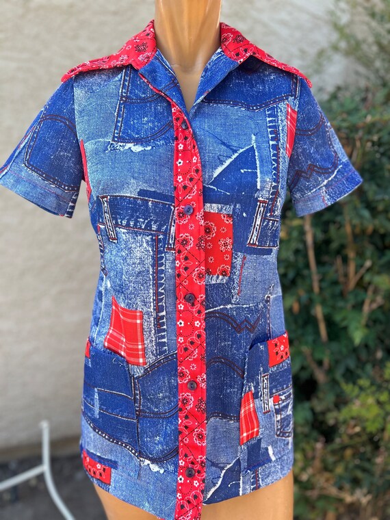 Vintage 1970s Blue Denim Patchwork & Red Bandanna 