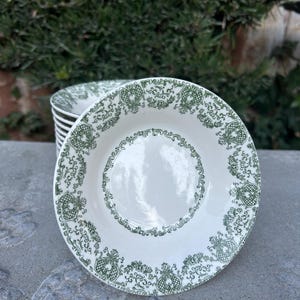May include: A stack of white ceramic plates with a green floral design. The plates have a scalloped edge and a raised rim.