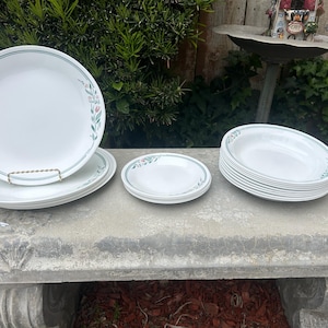 May include: A set of white ceramic plates with a green and pink floral design. The plates are stacked on a gray stone bench.
