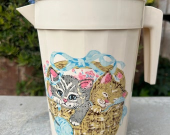 Vtg Plastic Packerware Brand Water Pitcher Kittens in Basket Playing With Yarn