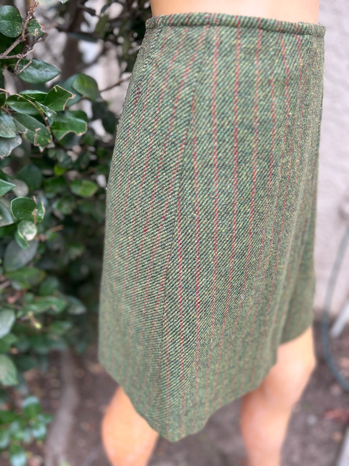 Vintage Green Knitted Skirt  70s handmade skirt in brown and green with striped motif