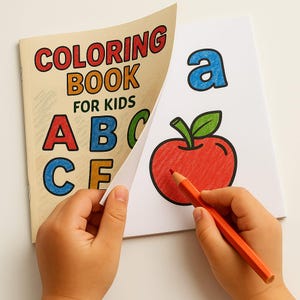 May include: A children's colouring book titled "COLORING BOOK FOR KIDS" in red, orange, and blue. The book is open to a page with a blue letter "a" and a red apple being coloured with an orange pencil.