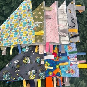 Sensory Tag Blanket: Minky Backed, Textured Ribbons, Baby Toddler Toy