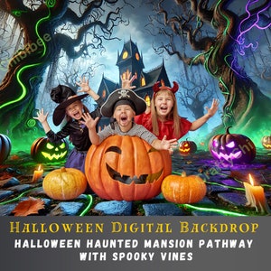 May include: A Halloween digital backdrop showing a haunted mansion pathway with spooky vines. The image features children in costumes, carved pumpkins with glowing faces, and a spooky forest setting. The text on the image reads "Halloween Digital Backdrop".
