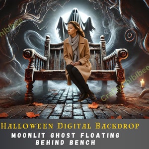 May include: A digital Halloween backdrop featuring a woman sitting on a wooden bench with a ghostly figure floating behind her. The scene includes a jack-o'-lantern, candles, and a tombstone, creating a spooky atmosphere. The text reads "Halloween Digital Backdrop".
