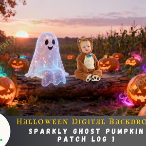Puede incluir: Un fondo digital de Halloween con un fantasma brillante y un bebé con un disfraz de oso sentado en un tronco. Calabazas talladas con caras brillantes están dispersas, con una puesta de sol en el fondo.