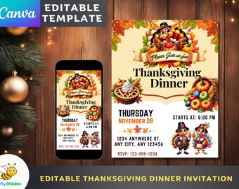 Thanksgiving Dinner Invitation Flyer Theme 3 Template. Editable Canva Template. Cute & Cheerful Thanksgiving Dinner Invite.