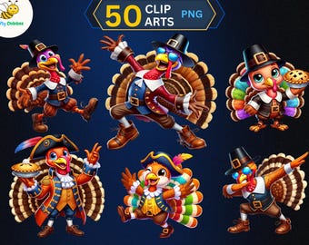 May include: Digital clip art featuring six cartoon turkeys in various poses. The turkeys are dressed in festive outfits, including pilgrim hats and colonial attire. The image includes the text "50 CLIP ARTS PNG" in yellow and blue.