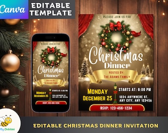 Pode incluir: Modelo de convite para jantar de Natal editável com um esquema de cores vermelho e dourado. O convite apresenta uma coroa com bagas vermelhas e enfeites dourados, uma cena de inverno com neve e o texto "Jantar de Natal" em uma fonte festiva. O convite inclui a data, a hora, o local e as informações de RSVP.