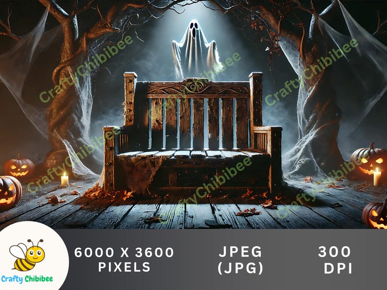 Halloween Digital Backdrop | Screaming Floating Ghost Behind Bench ...