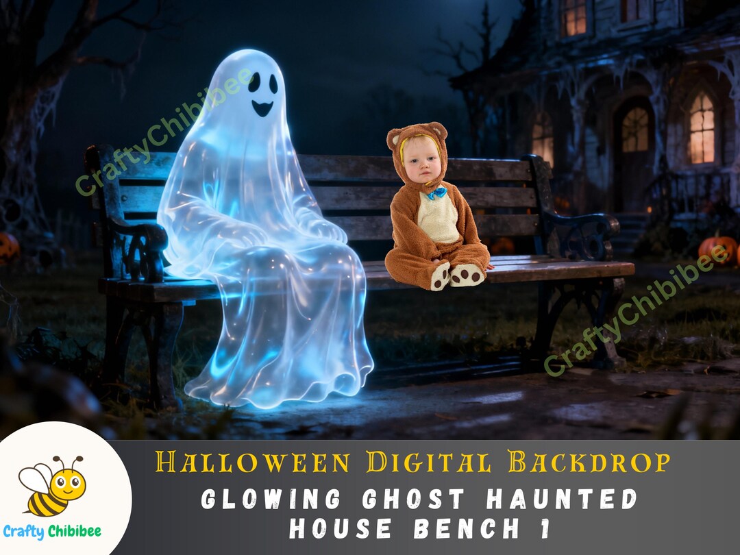 Spooky Ghost Halloween Digital Backdrop | Glowing Ghost Haunted House ...