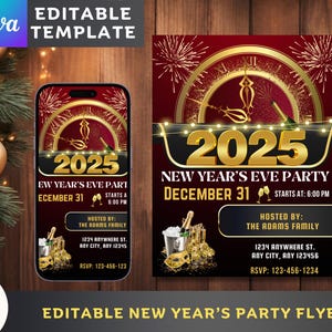 2025 New Year&#39;s Eve Party Theme 2 Flyer Template. Editable Canva Template. Classic Timeless Style New Year Eve&#39;s Party Invitation.