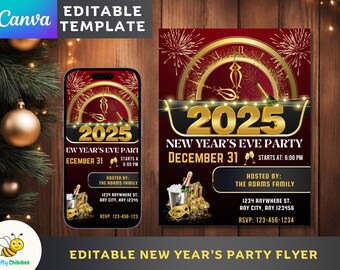 Modello di volantino per la festa di Capodanno 2025 a tema 2. Modello Canva modificabile. Invito alla festa di Capodanno in stile classico e senza tempo.