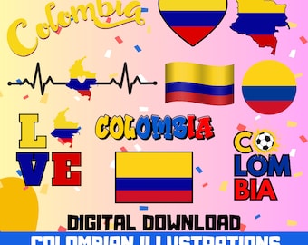 Vibrant Colombian SVG Illustrations, Instant Download, Colombian National Flag, Banner Love, Colombia Map Clipart, Cute file.