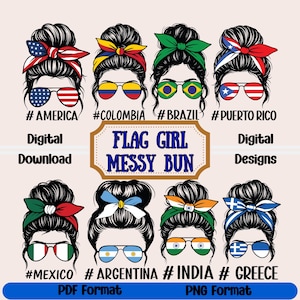 Puede incluir: Diseño digital con ilustraciones de mujeres con moños desordenados, gafas de sol y cintas para la cabeza que representan varias banderas, incluyendo América, Colombia, Brasil y Puerto Rico. El texto dice "FLAG GIRL MESSY BUN".