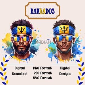 May include: Two digital illustrations of men with black hair and beards wearing sunglasses and a blue and yellow headband with the Barbados flag on it. The text "BARBADOS" is at the top of the image. The text "Digital Download", "PNG Format", "PDF Format", "SVG Format", and "Digital Designs" is at the bottom of the image.