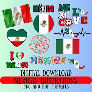 Vibrantes ilustraciones mexicanas en PDF y PNG, descarga instantánea, bandera nacional mexicana, pancarta de amor, imágenes prediseñadas de mapa mexicano, archivo lindo.