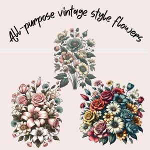 Op de afbeelding: Drie vintage stijl bloemboeketten met roze, witte, gele, rode en blauwe bloemen. De boeketten zijn in een rij op een lichtroze achtergrond gerangschikt.