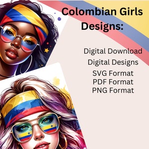 Pode incluir: Duas ilustrações digitais de mulheres usando óculos de sol e faixas de cabeça com as cores da bandeira colombiana. O texto "Colombian Girls Designs: Digital Download Digital Designs SVG Format PDF Format PNG Format" é exibido em um fundo rosa.
