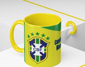 Taza de café con nombre personalizado de fútbol brasileño, Copa de fútbol brasileña, regalo para amantes del fútbol, regalo brasileño personalizado, regalo de fútbol brasileño