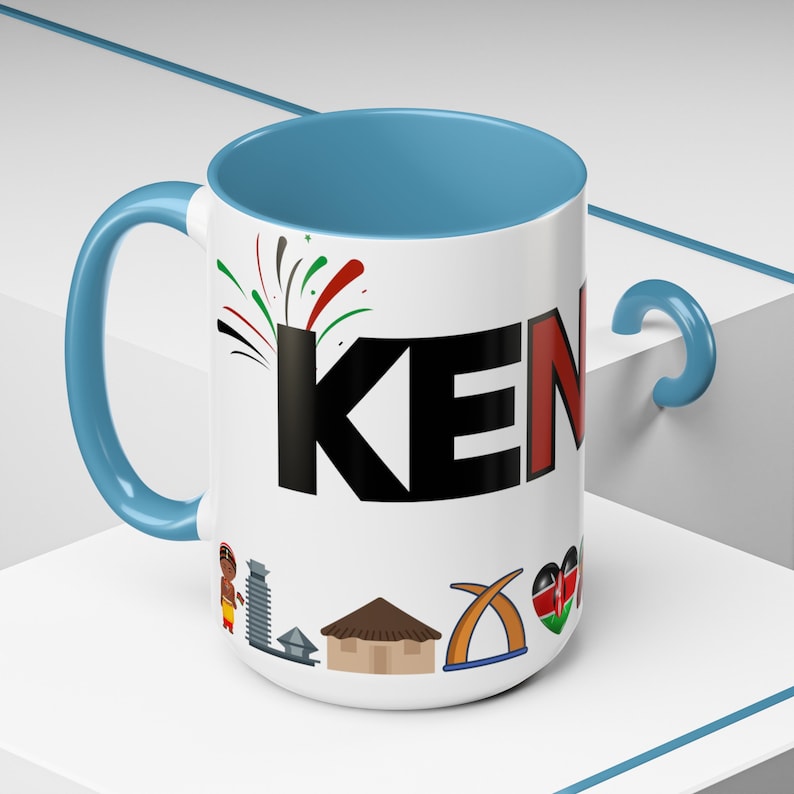 Kenya Illustrated Mug, African Safari Coffee Cup, Kenyan Landmarks Mug